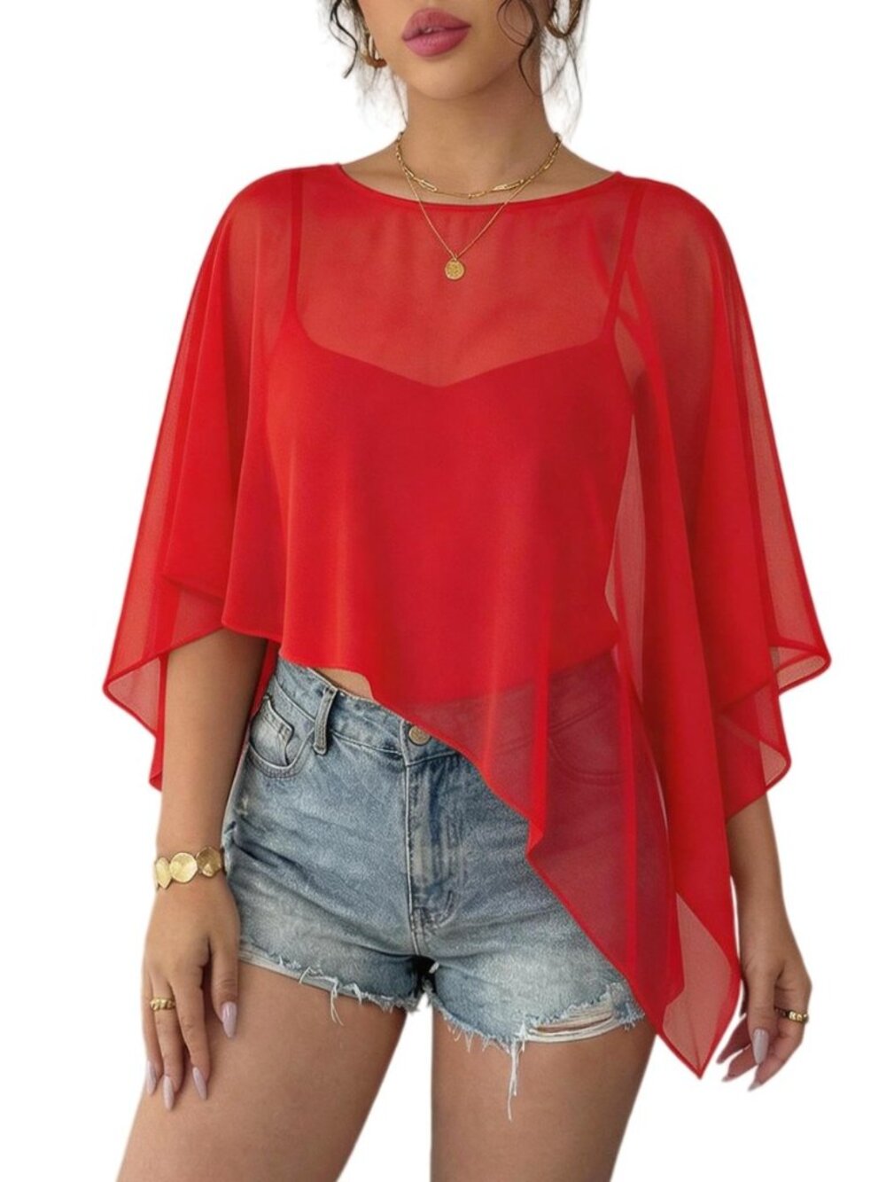 Women Chiffon Capelet Batwing Sleeve Wedding Shawl Sheer Cover Up